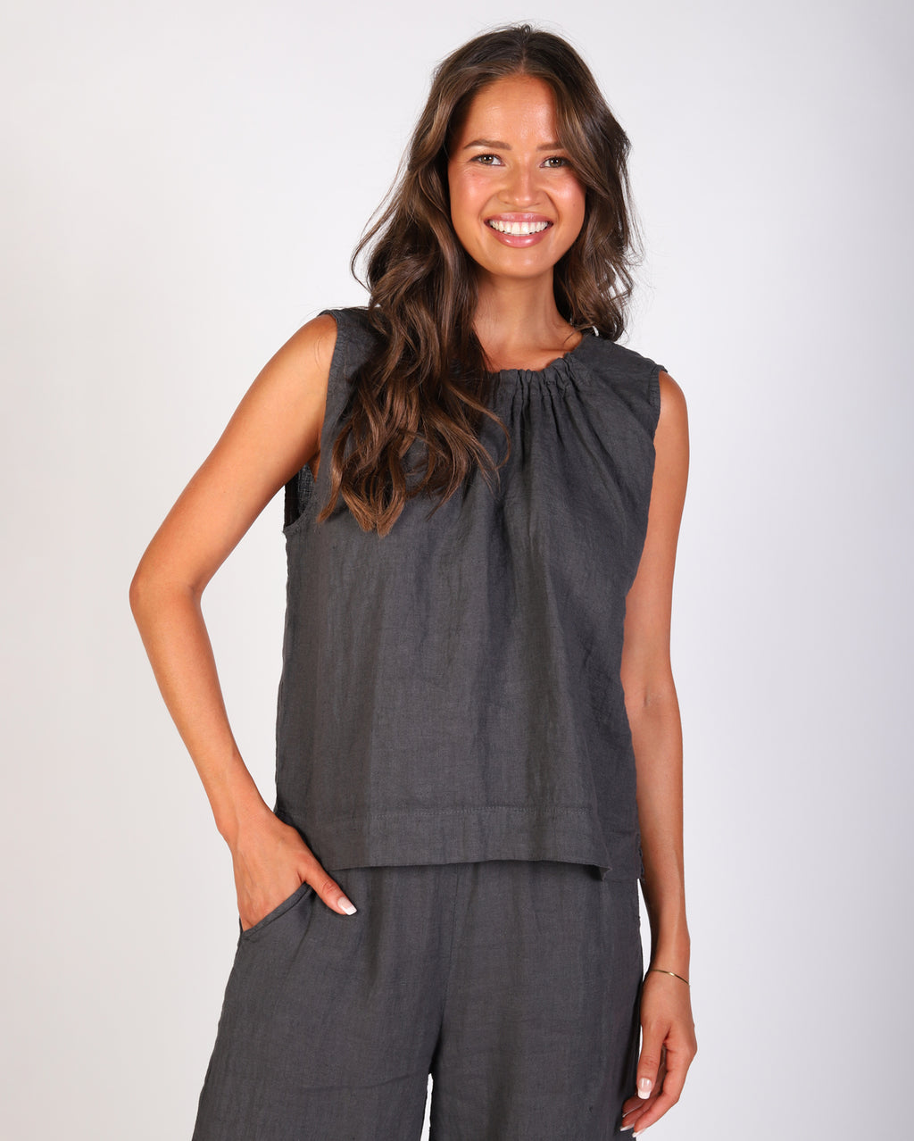 Xina Linen Top  - Charcoal