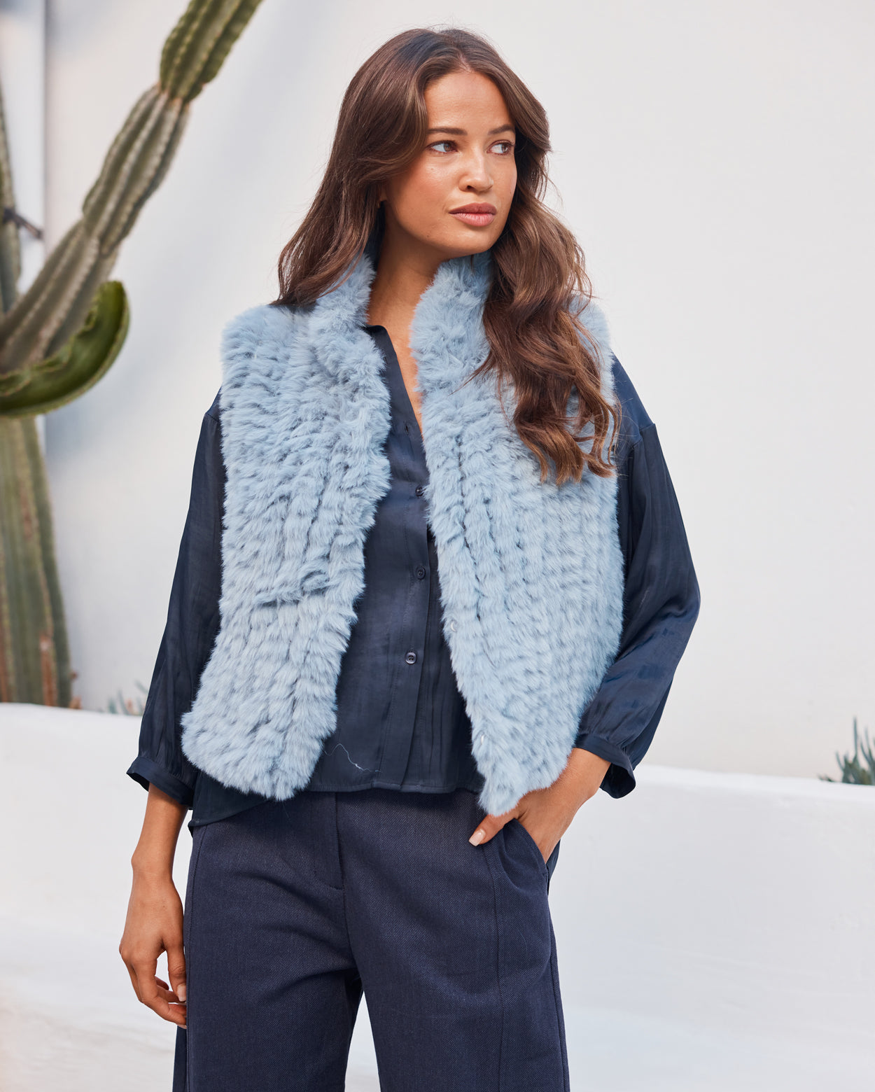 Lila Faux Fur Vest - Dusty Blue